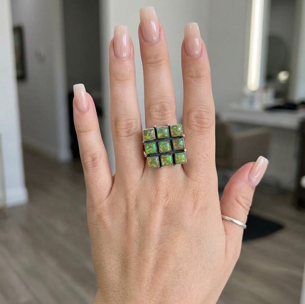 Square Cluster Aurora Opal Statement Ring 925 Silver Adjustable Size 5-10